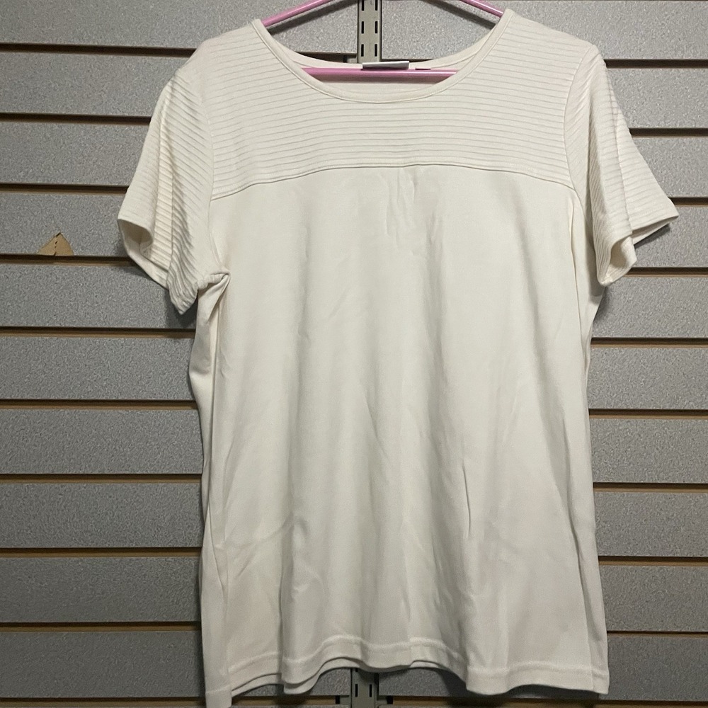 d&co Denim And Company Top Shirt Short Sleeves L EUC Solid Tee Ribbed Blouse